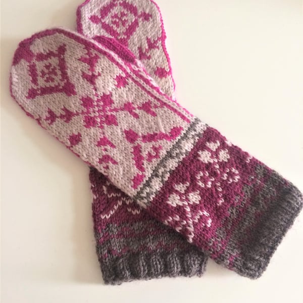 READY TO SHIP Hand Knit Pink Wool Mittens Norwegian Scandinavian Nordic Fairisle