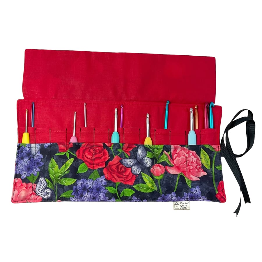 Crochet hook case with floral butterfly fabric , Ergonomic hook organiser,