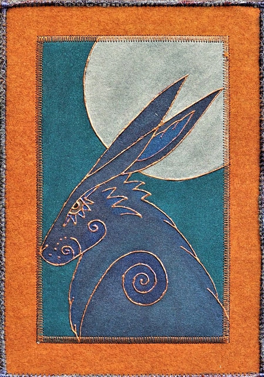HHP163 - Moon Gazer Hare Wall-hanging - 17.5 x 25cm - Burnt Orange - Turquoise 