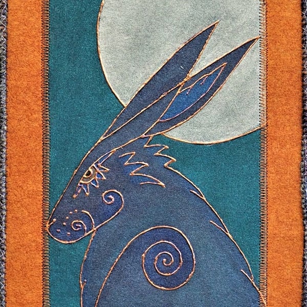 HHP163 - Moon Gazer Hare Wall-hanging - 17.5 x 25cm - Burnt Orange - Turquoise 