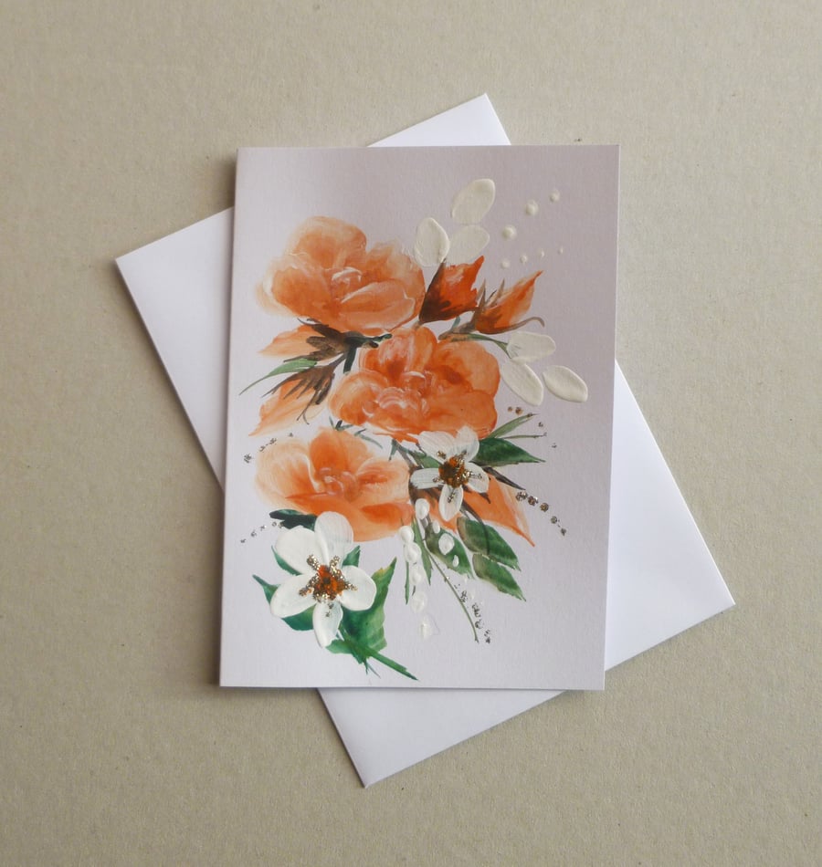 original art hand painted floral blank greetings card ( ref f 791 D3 )