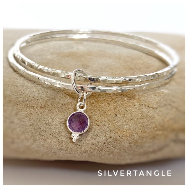 Hallmarked Double Sterling Silver Bangle with Amethyst Charm 