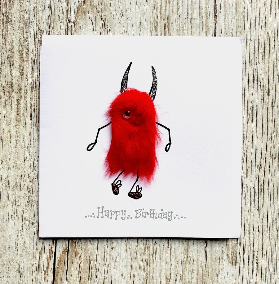 Birthday card - red sparkly running shoes mini monster 