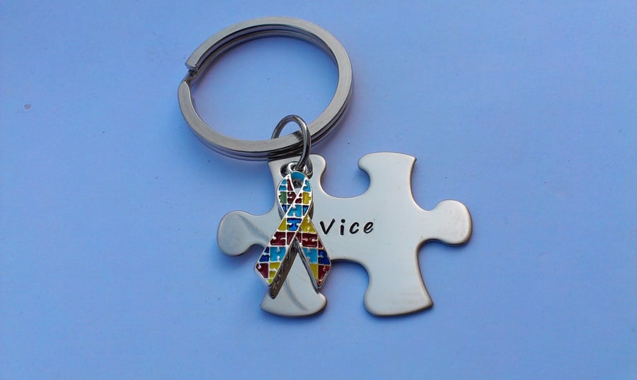 Hand Stamped personalised Autism awareness puzzle jigsaw piece keyring