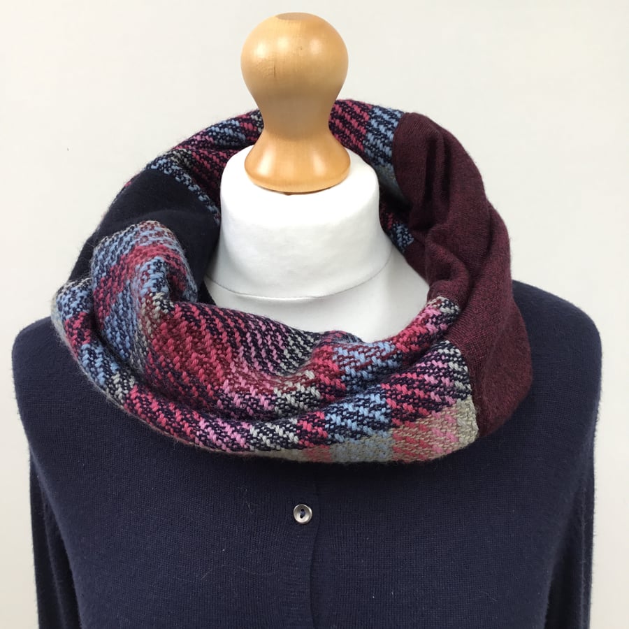 Handwoven merino infinity cowl scarf - woven with maroon, pink and blue tones