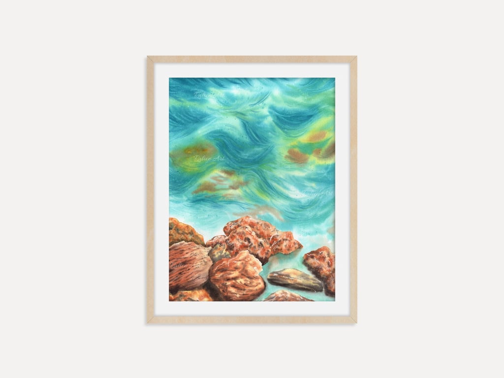 Rocky Seascape Watercolor Art Print, Coastal Wall Art, Ocean Waves Wall Poster