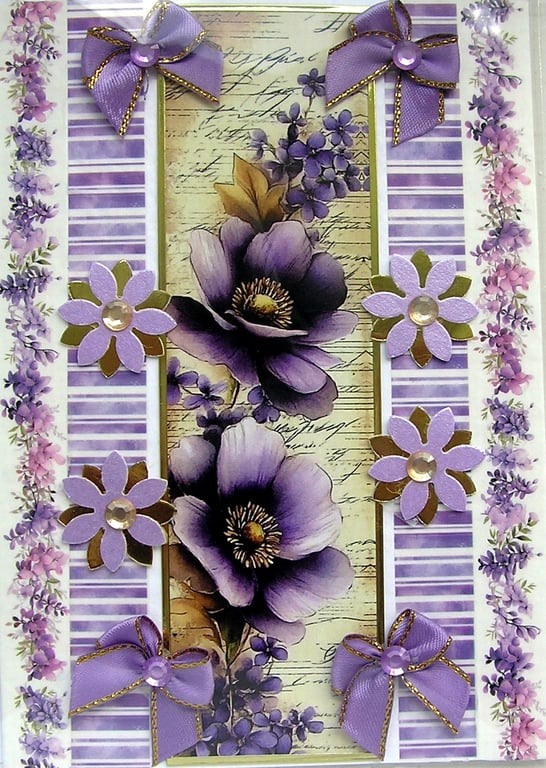 Purple Anemone Flowers - Hand Crafted Decoupage Greeting Card - Blank 3335