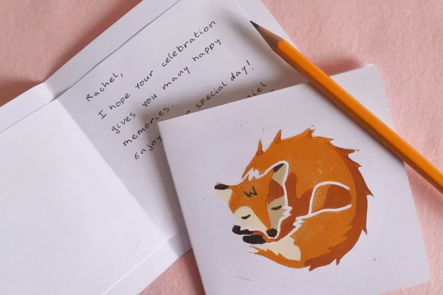 Red Sleeping Fox – Original Handmade Lino Print – Folded Card