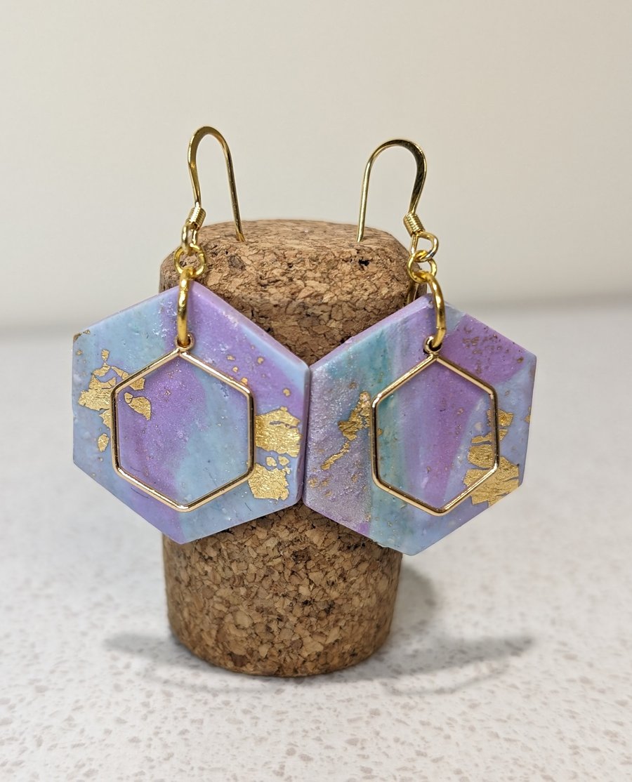 Mint gold lilac galaxy hook earrings 