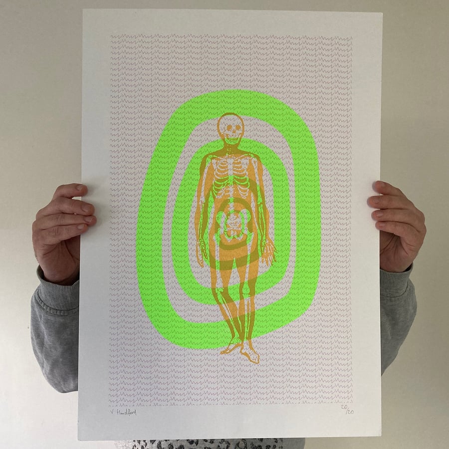 Screen Printed Poster - 'Skeleton (Neon and Gold).'