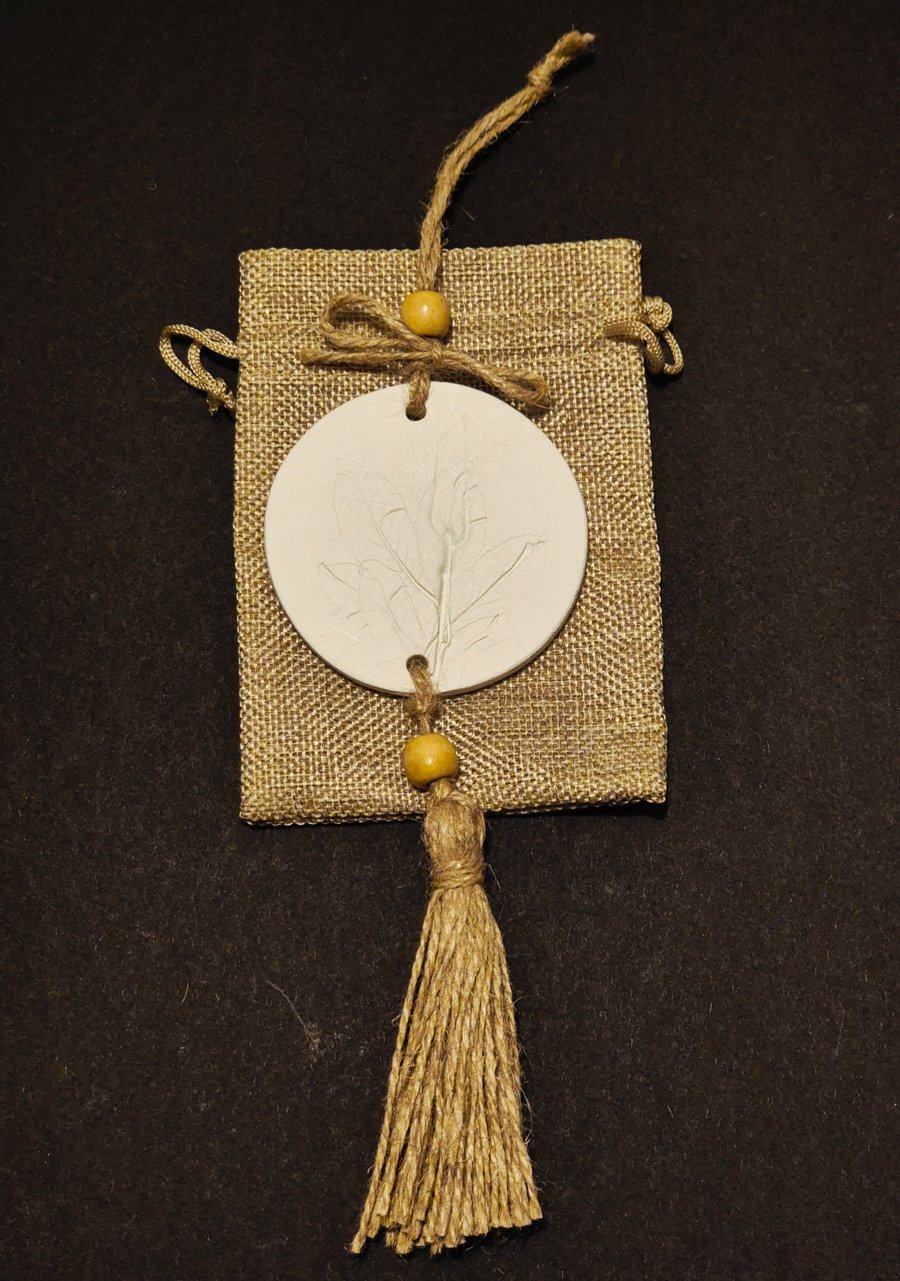 Beautiful handmade hanging air dry clay diffuser in jute gift bag 