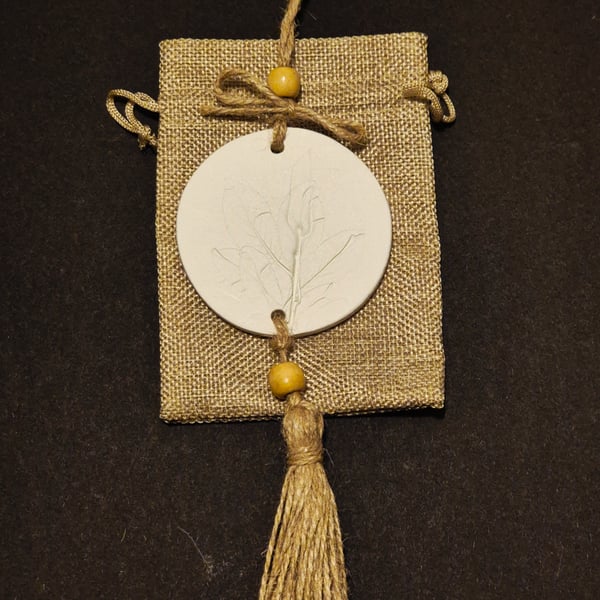 Beautiful handmade hanging air dry clay diffuser in jute gift bag 