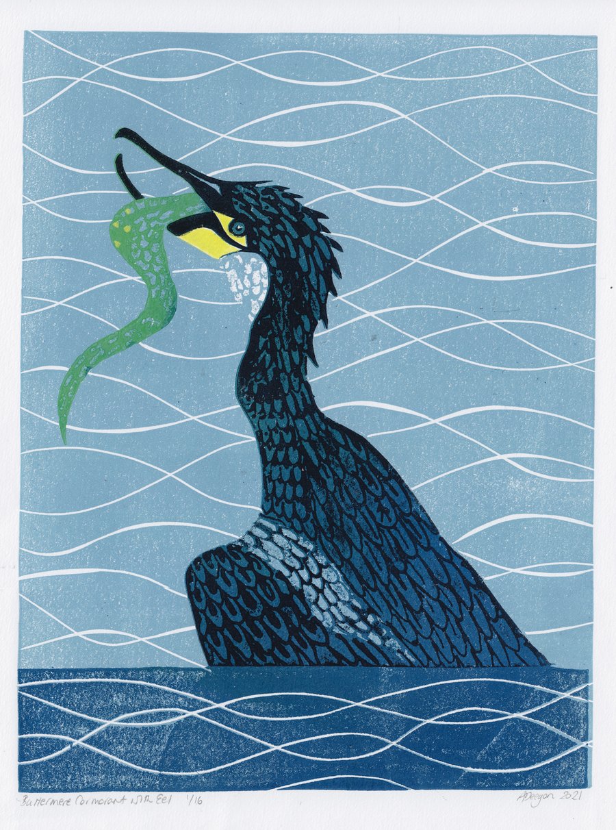 Original lino print Buttermere Cormorant with Eel