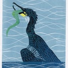 Original lino print Buttermere Cormorant with Eel