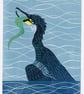 Original lino print Buttermere Cormorant with Eel