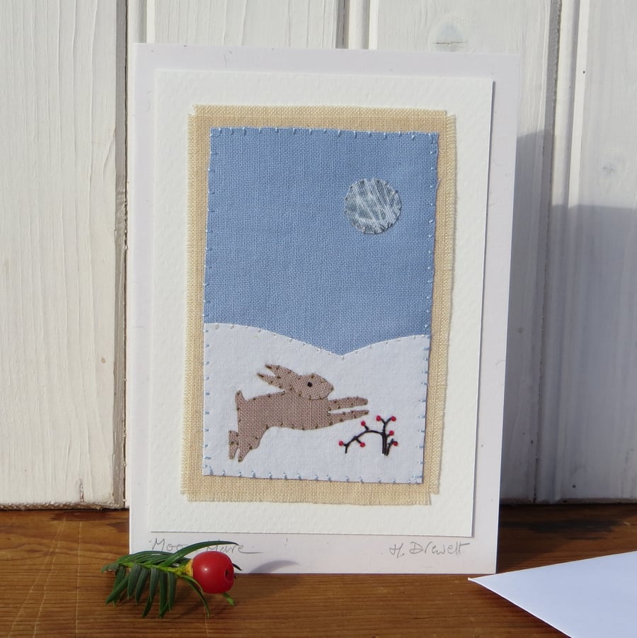 Moon Hare, detailed,hand-stitched card for or any winter occasion
