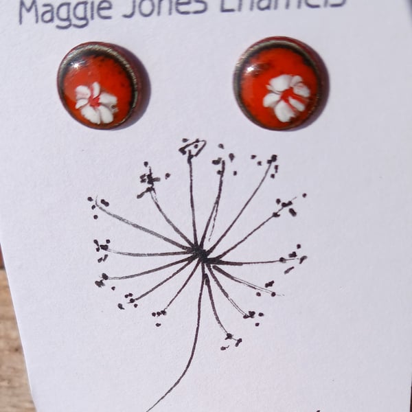 Round stud earrings - 9mm - Enamelled with sterling silver post -ORANGE FLOWER