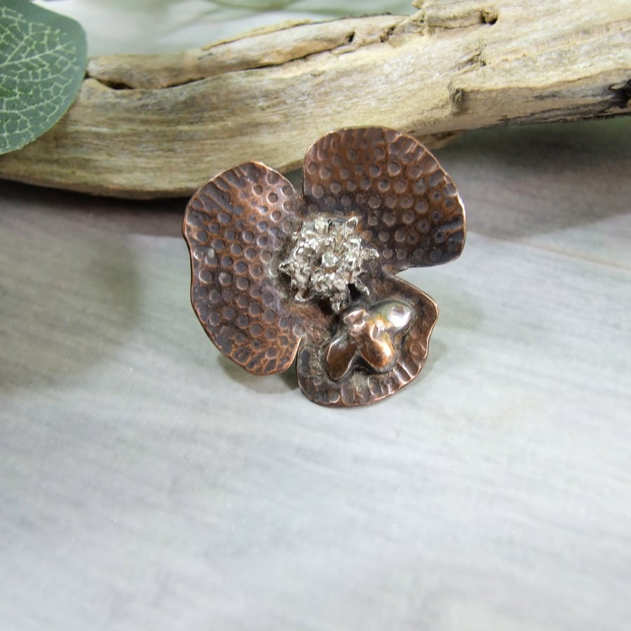 Large Flower & Bee Brooch. Copper and Sterling Silver Lapel or Shawl Pin 