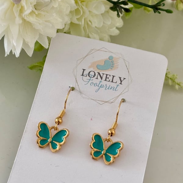 Turquoise Butterfly Earrings, Enamel Earrings, Handmade Jewellery 