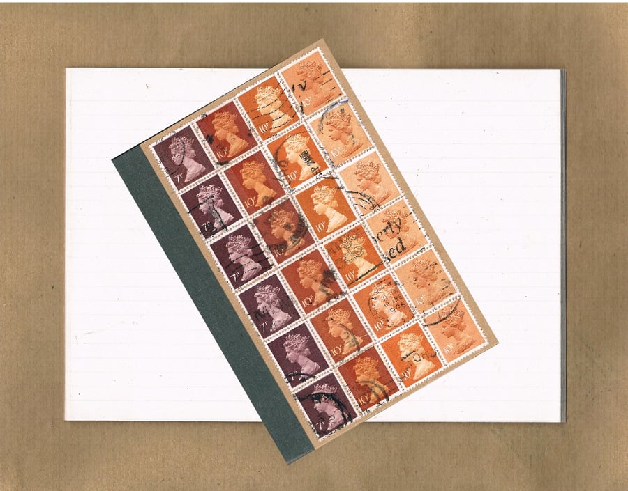 Retro Orange Upcycled Notebook - Recycled Jotter, British Postage Stamps Gift