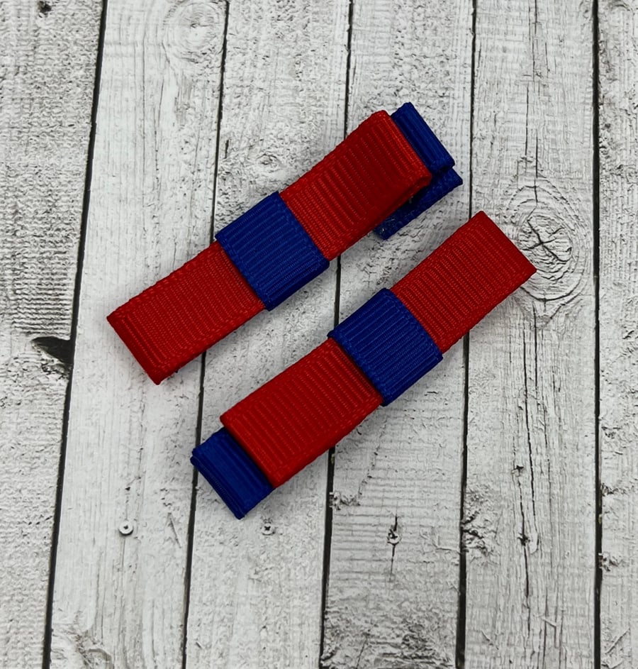 Small Straight Cobalt Blue and Red Bow Clips (pair)