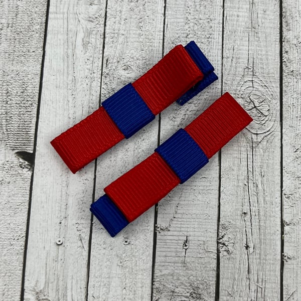 Small Straight Cobalt Blue and Red Bow Clips (pair)