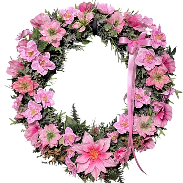 Large Pink Spring Summer Wreath for Front Door - 46cm Floral Door Decor-Handmade