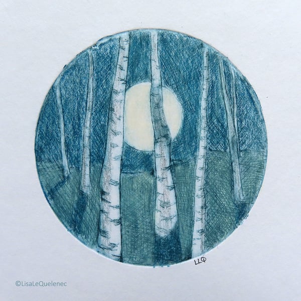 Original mixed media picture of the full moon through a birch wood