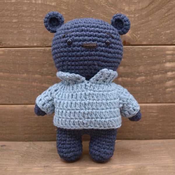 Navy blue Crocheted Bear in Custom Jumper, Handmade Keepsake Teddy