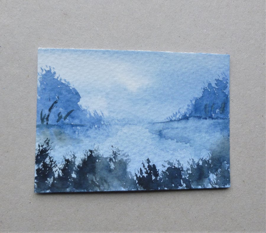 aceo atc original miniature art watercolour landscape ( ref F417.N3 )