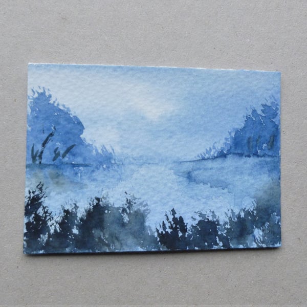 aceo atc original miniature art watercolour landscape ( ref F417.N3 )