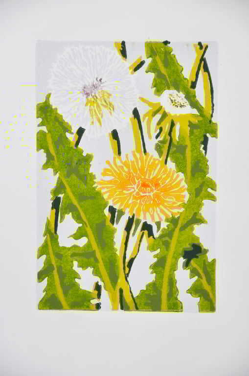 Original Handmade Dandelion Lino print  - 'Blown Away'