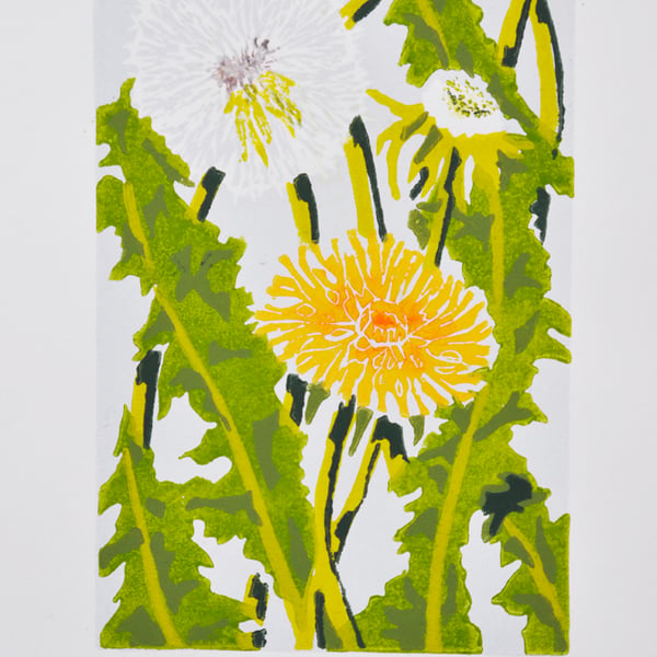 Original Handmade Dandelion Lino print  - 'Blown Away'