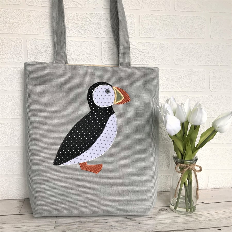 Puffin tote bag in pale grey with black and white polka dot Puffin