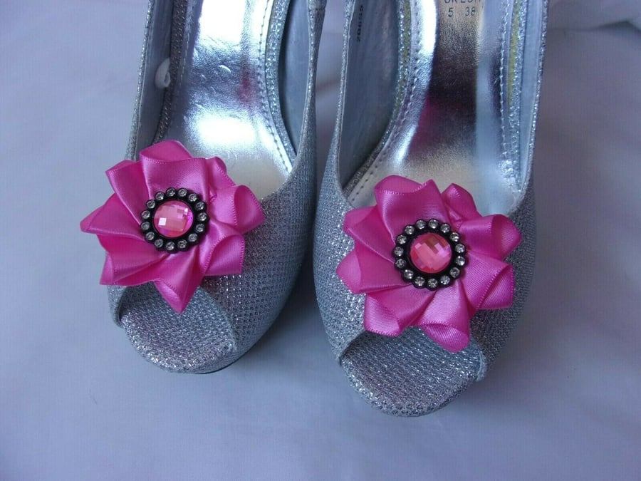 Bright Fuchsia Hot Pink Satin & Crystal Ribbon Ruffle Shoe Clips Wedding
