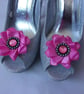 Bright Fuchsia Hot Pink Satin & Crystal Ribbon Ruffle Shoe Clips Wedding - Image 1