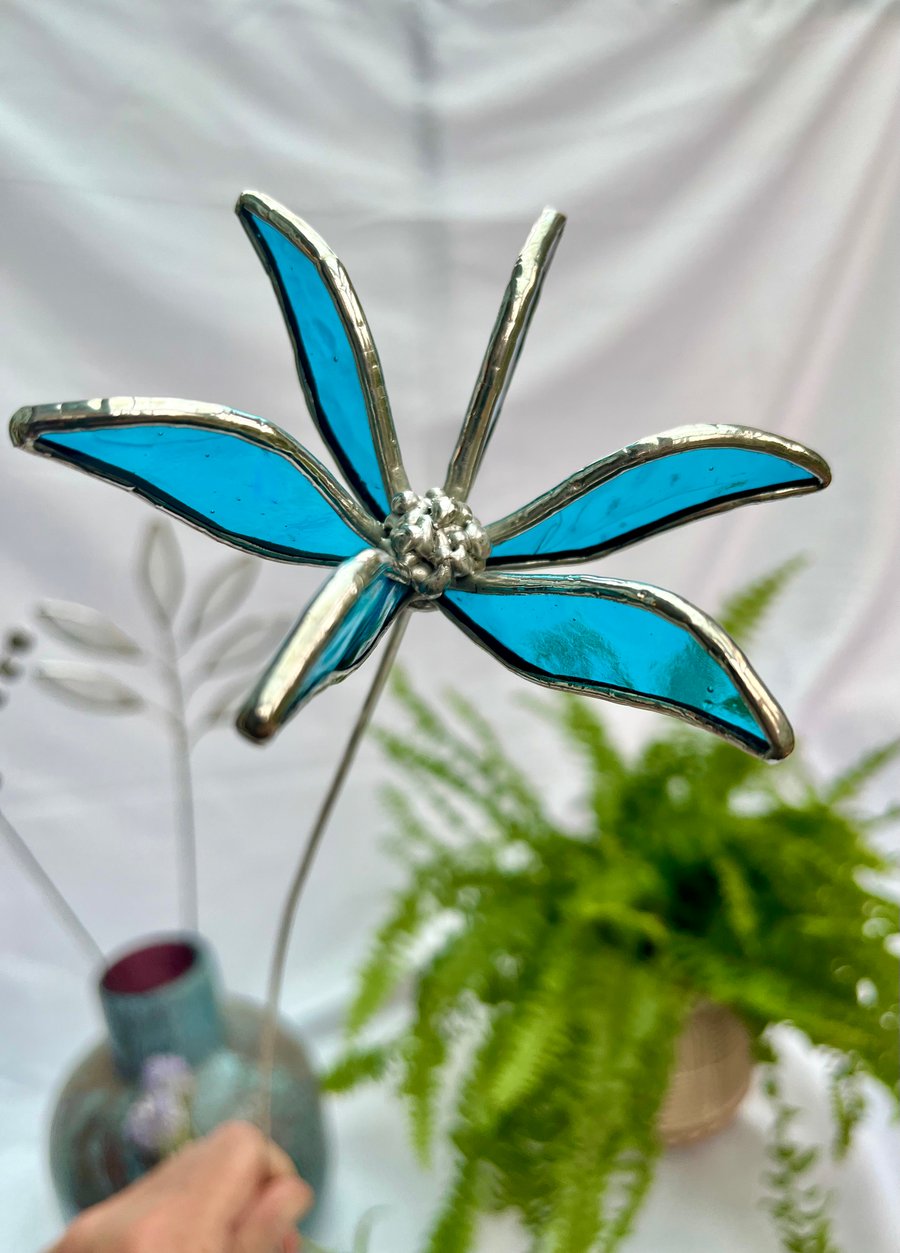 Stained Glass Flower - Handmade 3D Blue Clematis - Silver Finish