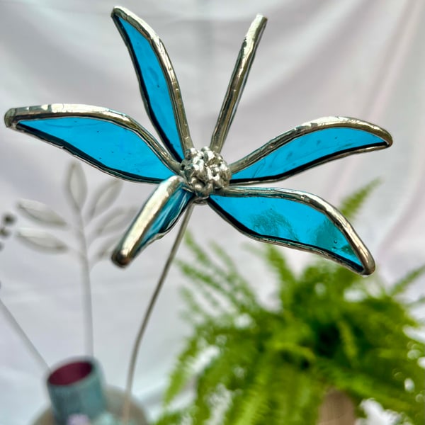 Stained Glass Flower - Handmade 3D Blue Clematis - Silver Finish