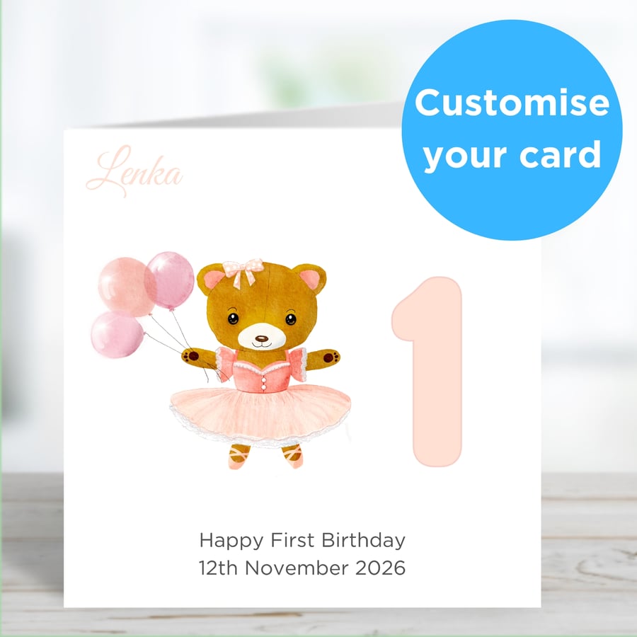 Pink ballerina teddy bear birthday card for little girl daughter granddaughter