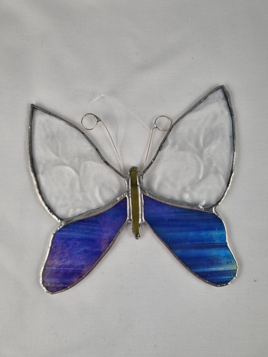 593 Stained Glass large blue butterfly - handmade glass hanging.