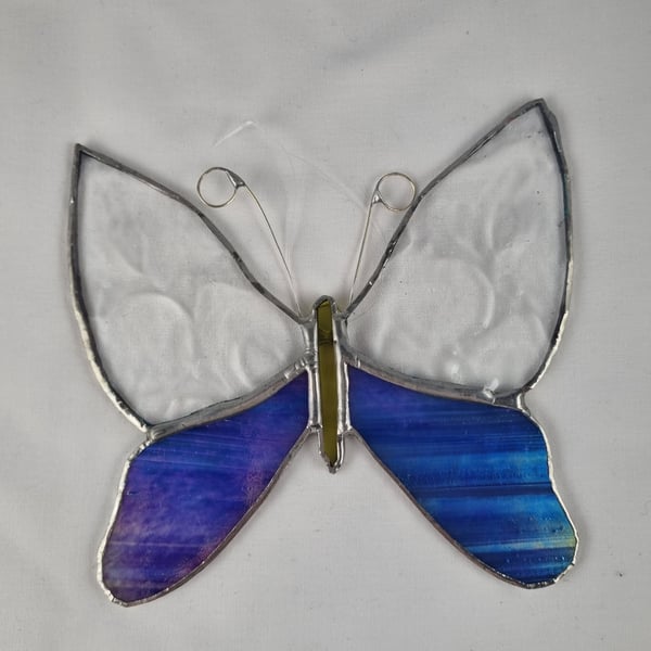 593 Stained Glass large blue butterfly - handmade glass hanging.