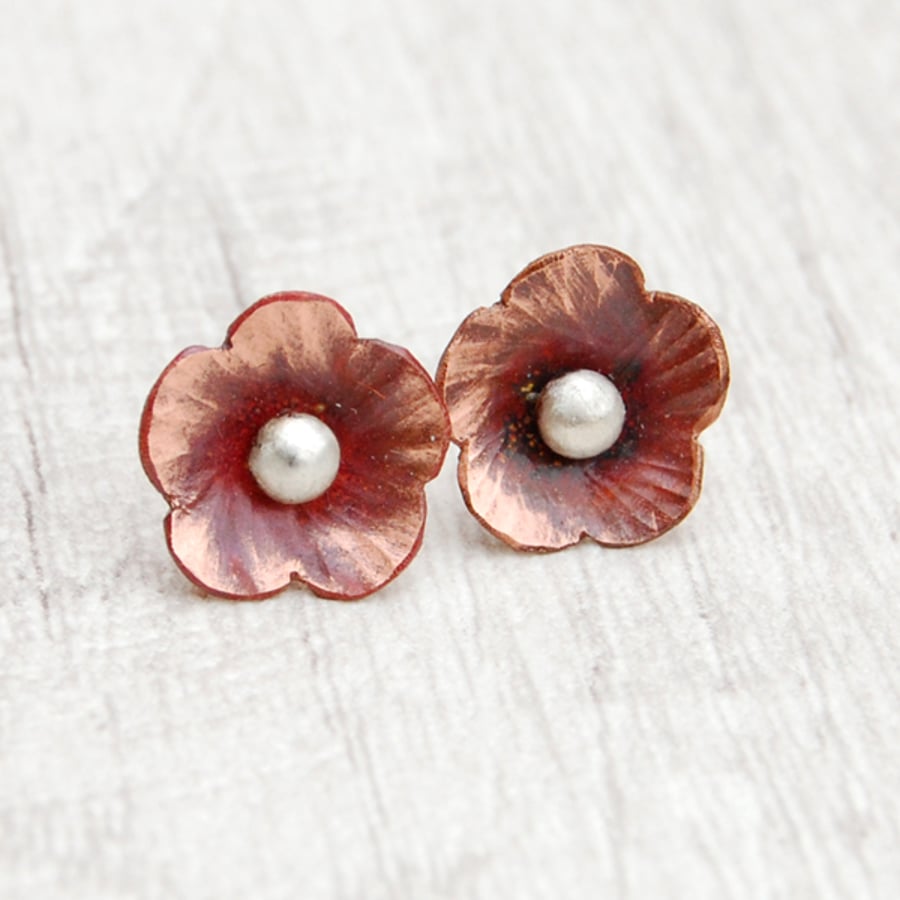 Copper flower studs heat coloured