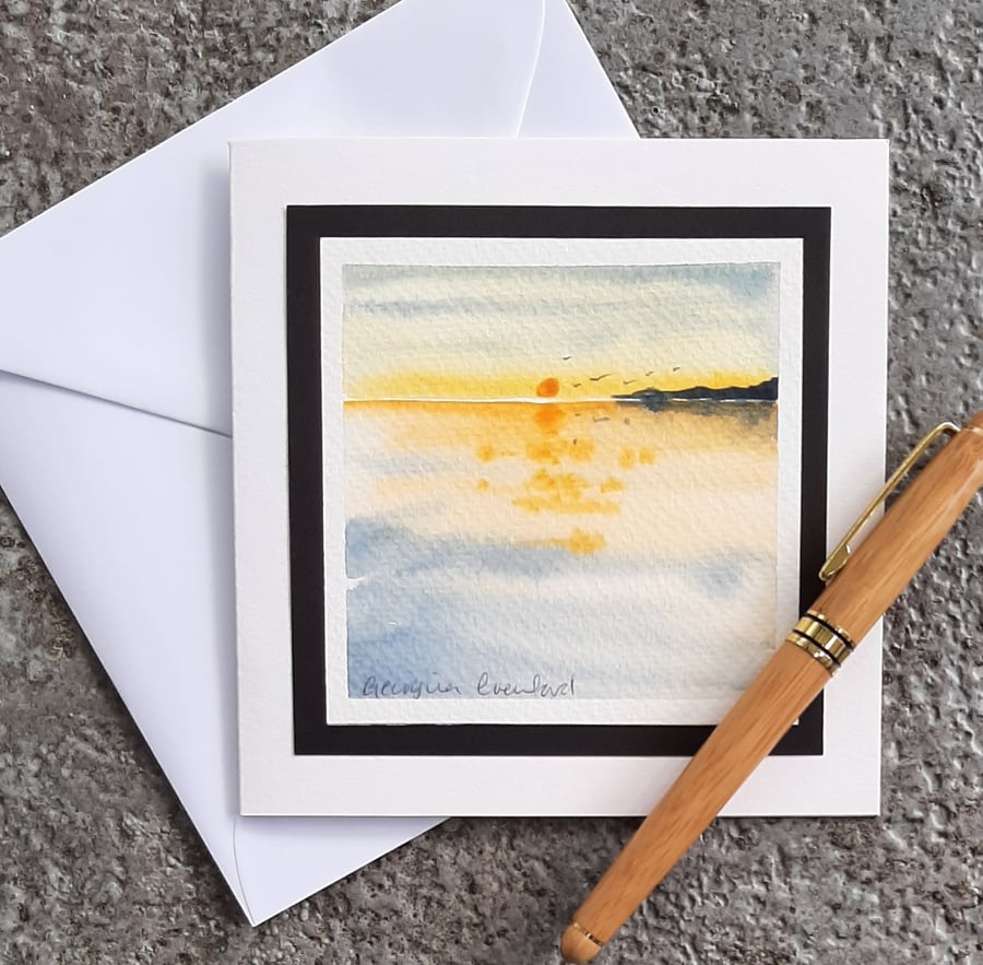 Sunrise Over The Ocean. Blank Handpainted Card, That's Also A Keepsake