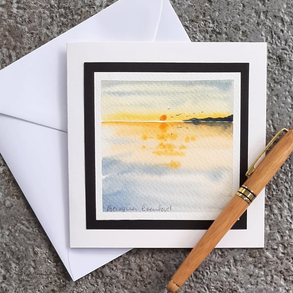 Sunrise Over The Ocean. Blank Handpainted Card, That's Also A Keepsake