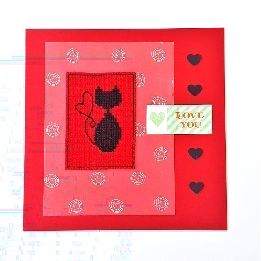 Black cat cross stitch card with "Love you" wording