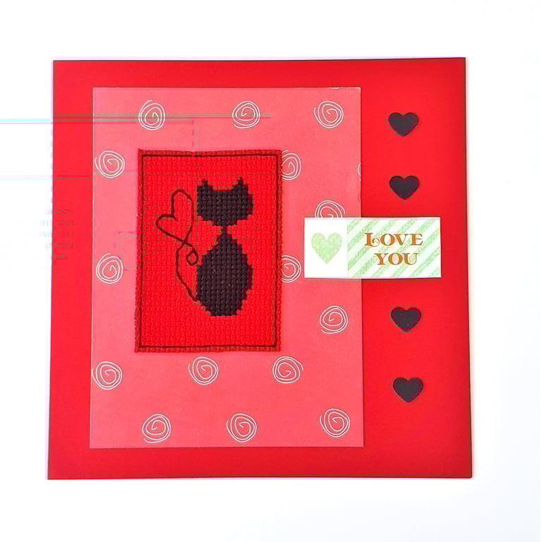 Black cat cross stitch card with "Love you" wording