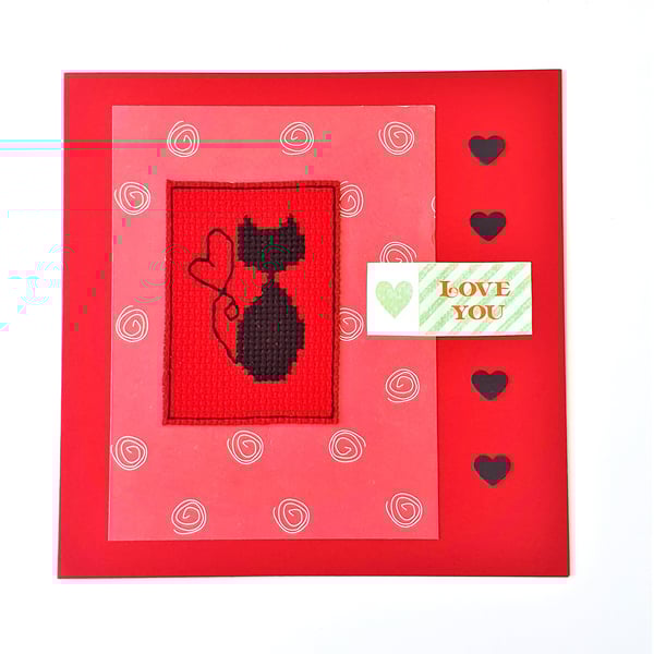 Black cat cross stitch card with "Love you" wording