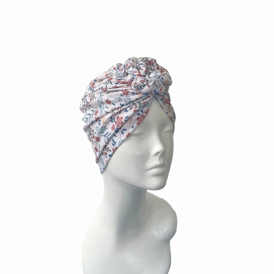 Chain Knot Turban White Floral UPF50 Turban Hat Hair Loss Head Scarf Swim Jersey
