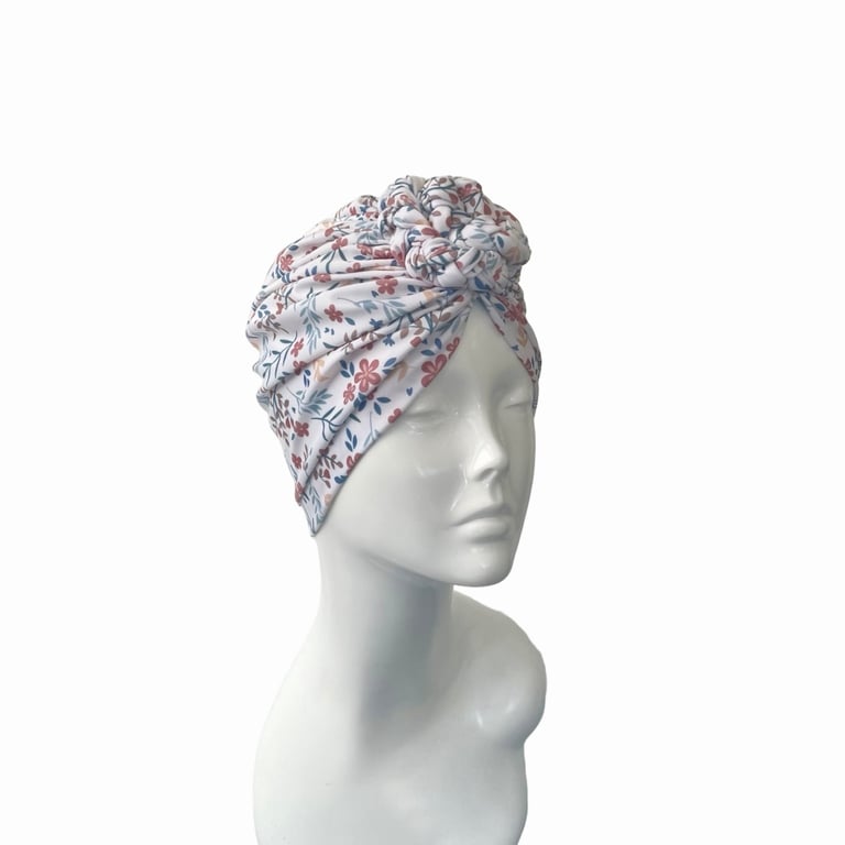 Chain Knot Turban White Floral UPF50 Turban Hat Hair Loss Head Scarf Swim Jersey