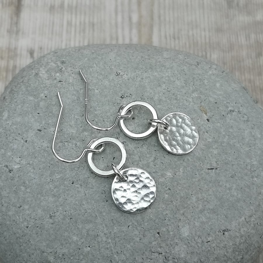 Sterling Silver Hammered Disc and Hoop Drop Earrings